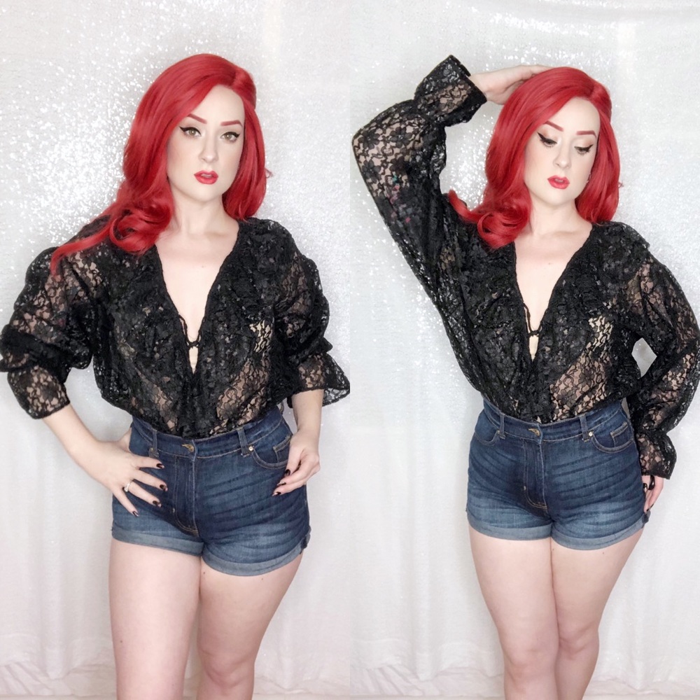Vintage Black Lace Sheer Long Sleeve Blouse